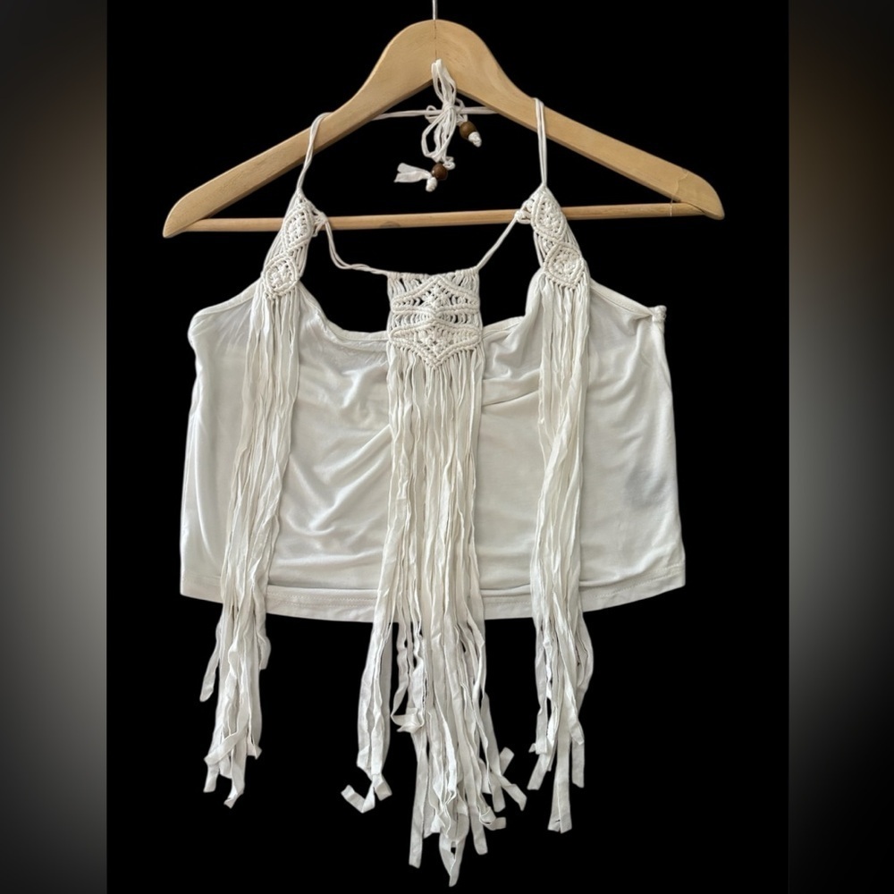 POL Fringe Halter Top with wooden beads NWOT